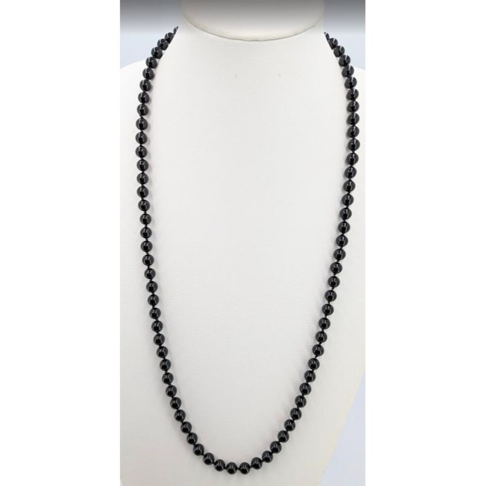 Black Glass Round Bead Necklace Knotted No Clasp 15 Inch 60g Minimalist Strand